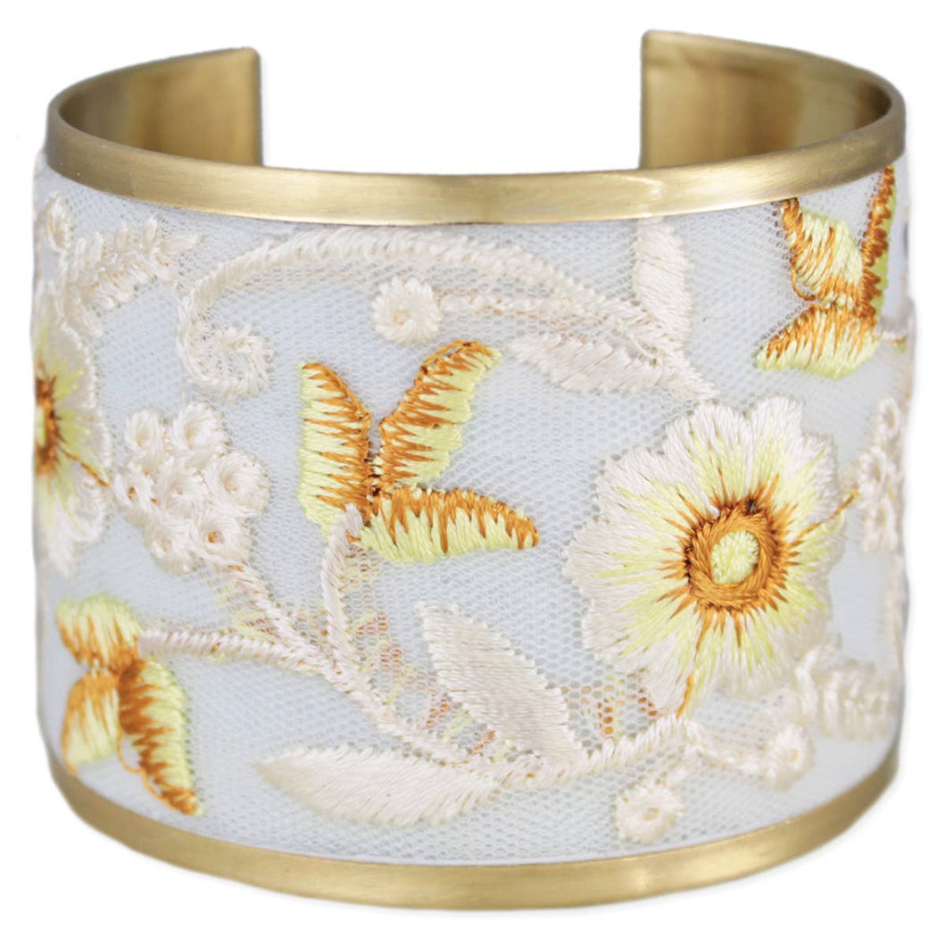 Ivory White Floral Embroidered Cuff Bracelet