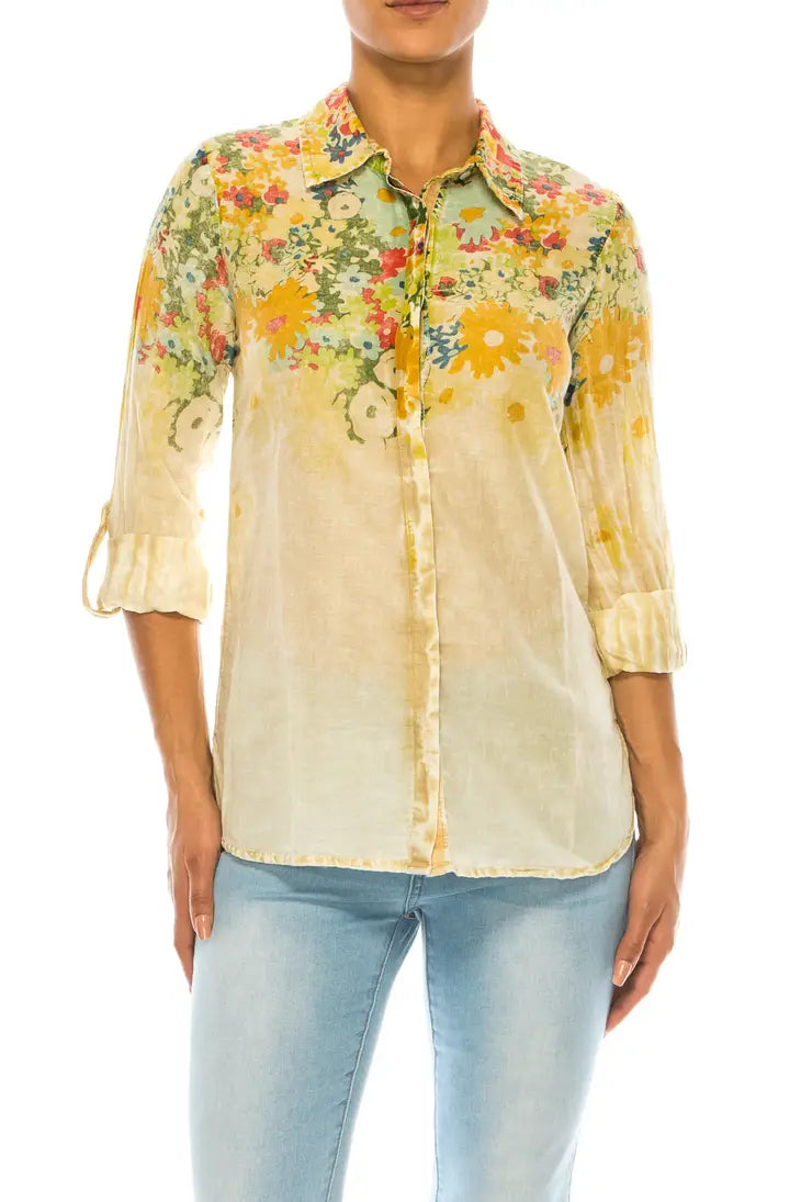 Floral Printed Button-Down Shirt with Vintage Wash
