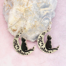 Load image into Gallery viewer, Feline Dreams Silver Moon Black Cat Earrings
