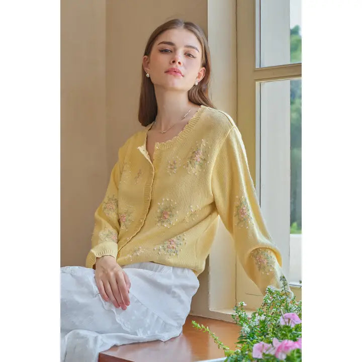 Scalloped Hem Cardigan with Floral Embroidery