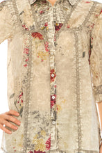 Load image into Gallery viewer, Vintage Floral Gray Shirt with Lace Inserts and Pin Tucks
