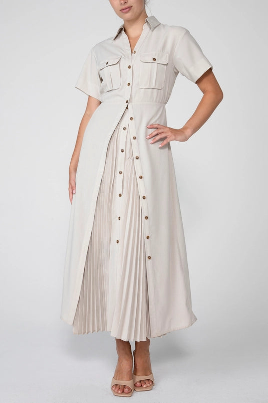 Long Collared Maxi Dress with Pleated Details-BEIGE