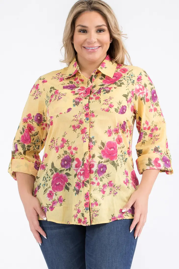 Plus Size Yellow Floral Button-Down Shirt