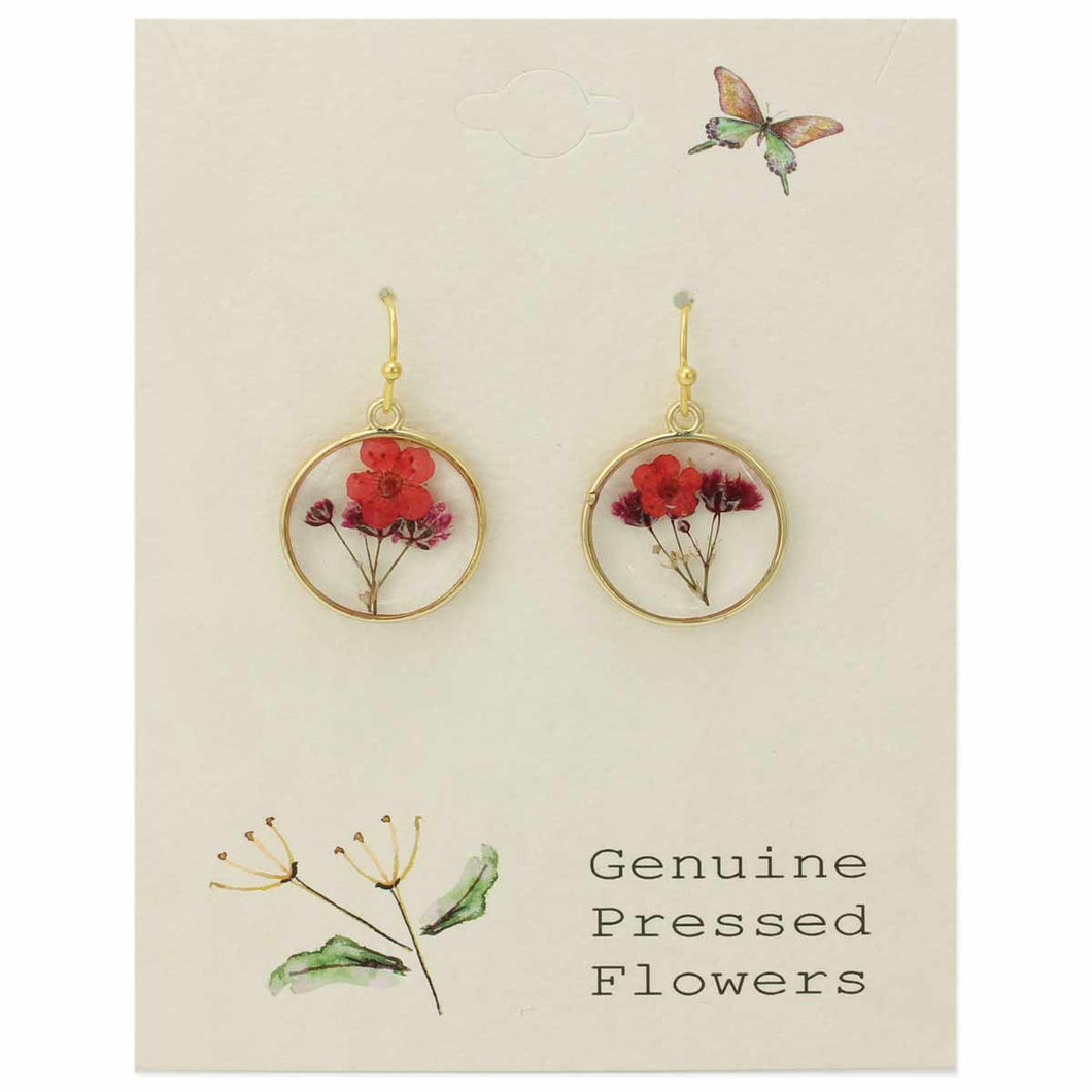 Cottage Dark Pink Dried Flower Round Earrings