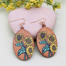 Load image into Gallery viewer, Wood Sunflower Sketch Oval Earrings
