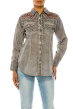 Load image into Gallery viewer, Gray Over-Dye Western Shirt with Embroidery
