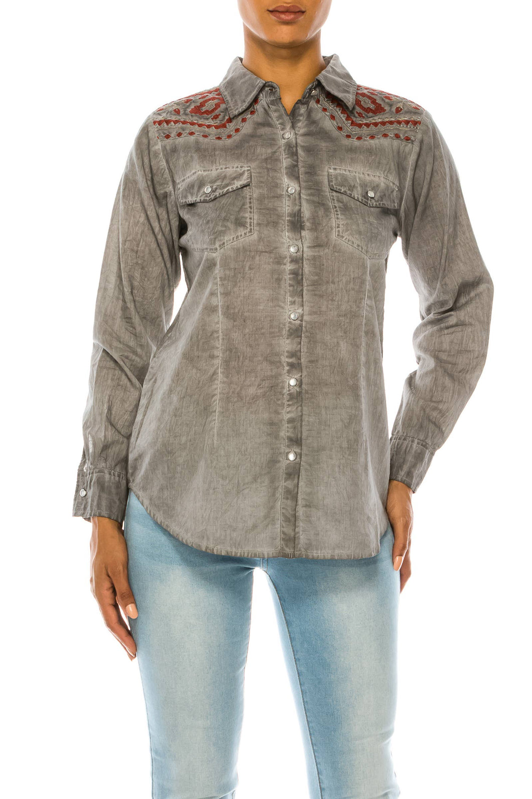 Gray Over-Dye Western Shirt with Embroidery