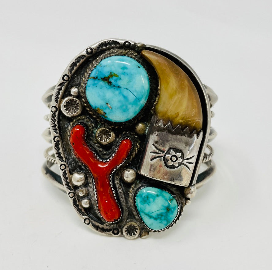 Navajo Sterling Cuff with Bear Claw, Turquoise and Coral