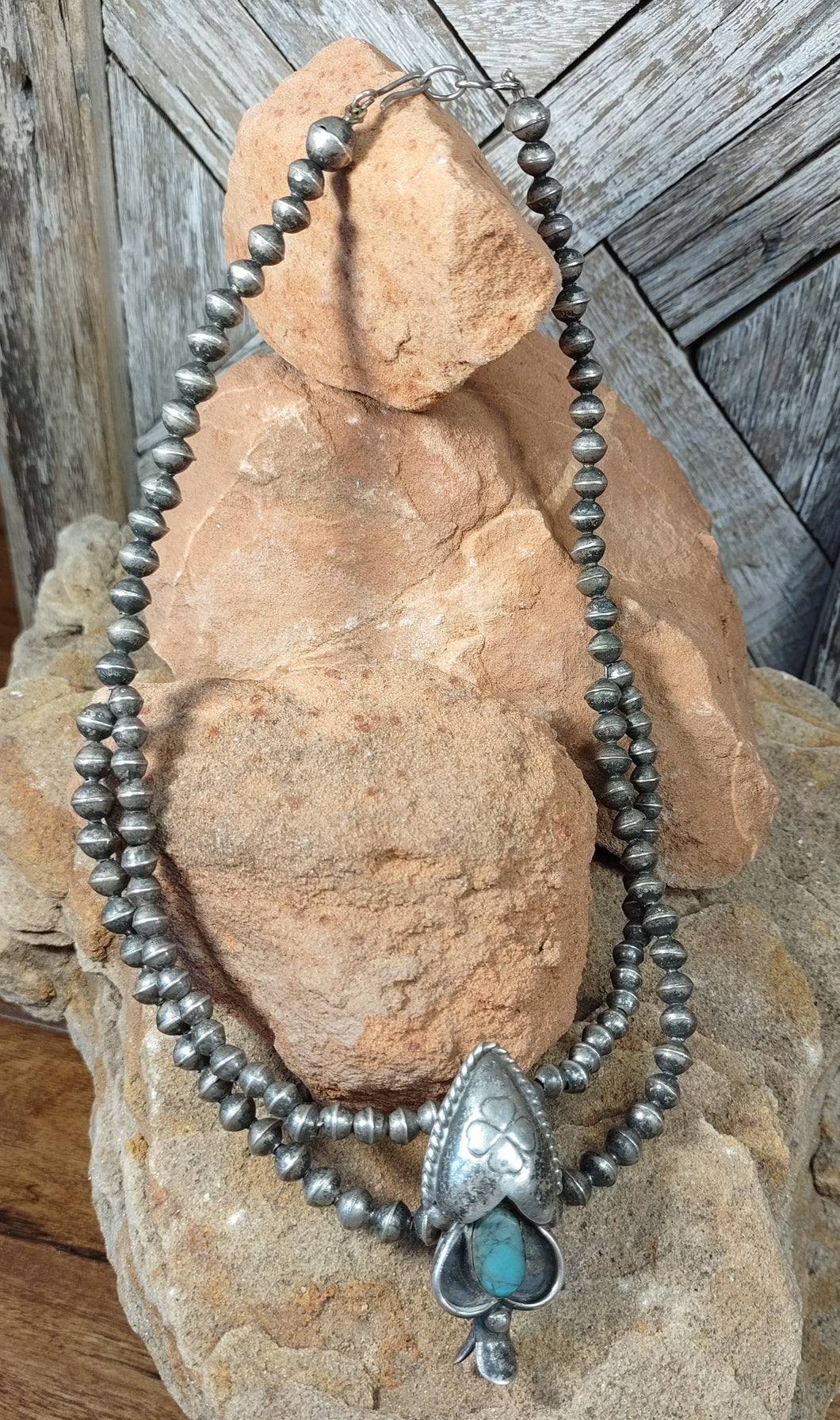 Single Squash Blossom Necklace with 2 Strands of Navajo Pearl beads