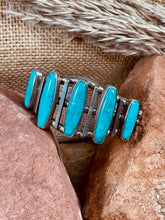 Load image into Gallery viewer, Old Pawn Navajo Indian Sterling cuff bracelet with 5 elongated turquoise stones
