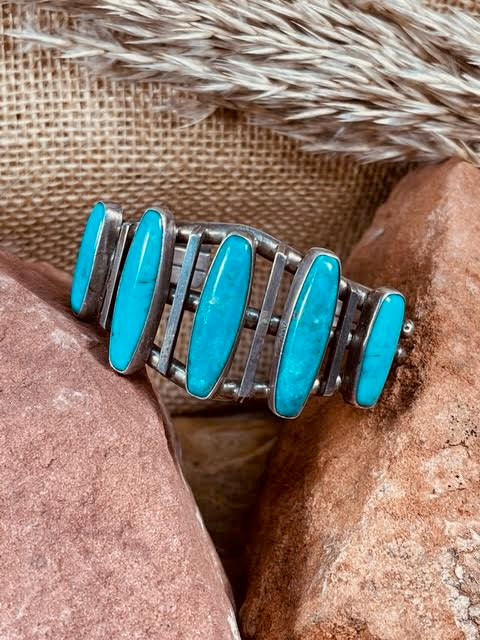 Old Pawn Navajo Indian Sterling cuff bracelet with 5 elongated turquoise stones