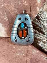 Load image into Gallery viewer, Old Pawn Navajo American Indian Shadowbox Pendant with Turquoise and Coral Stones
