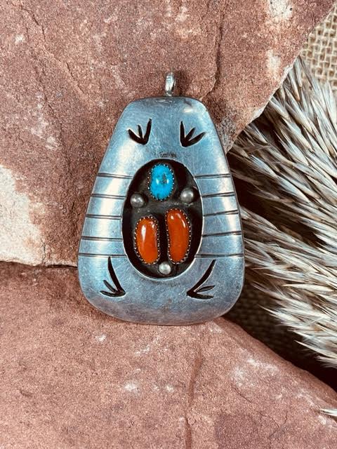 Old Pawn Navajo American Indian Shadowbox Pendant with Turquoise and Coral Stones