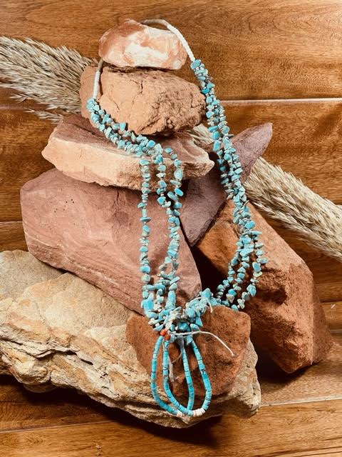 Santo Domingo Triple Strand turquoise nugget and heishi necklace with matching jaclas