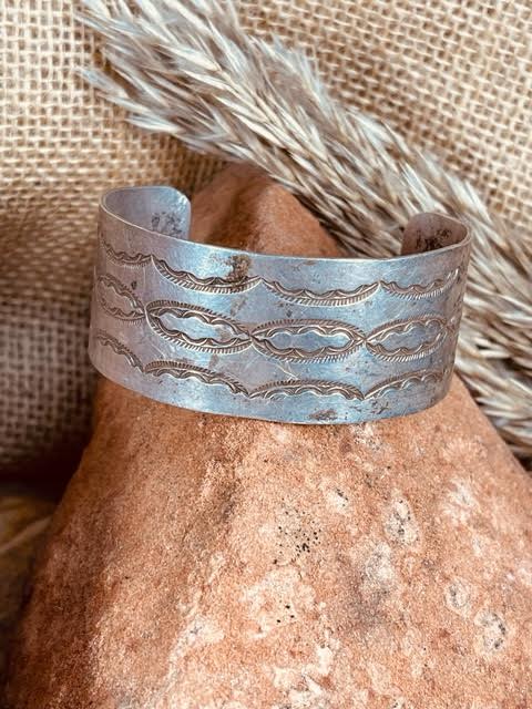 Old Pawn Native American Navajo Sterling Silver Hand Stamped Wide Cuff Bracelet