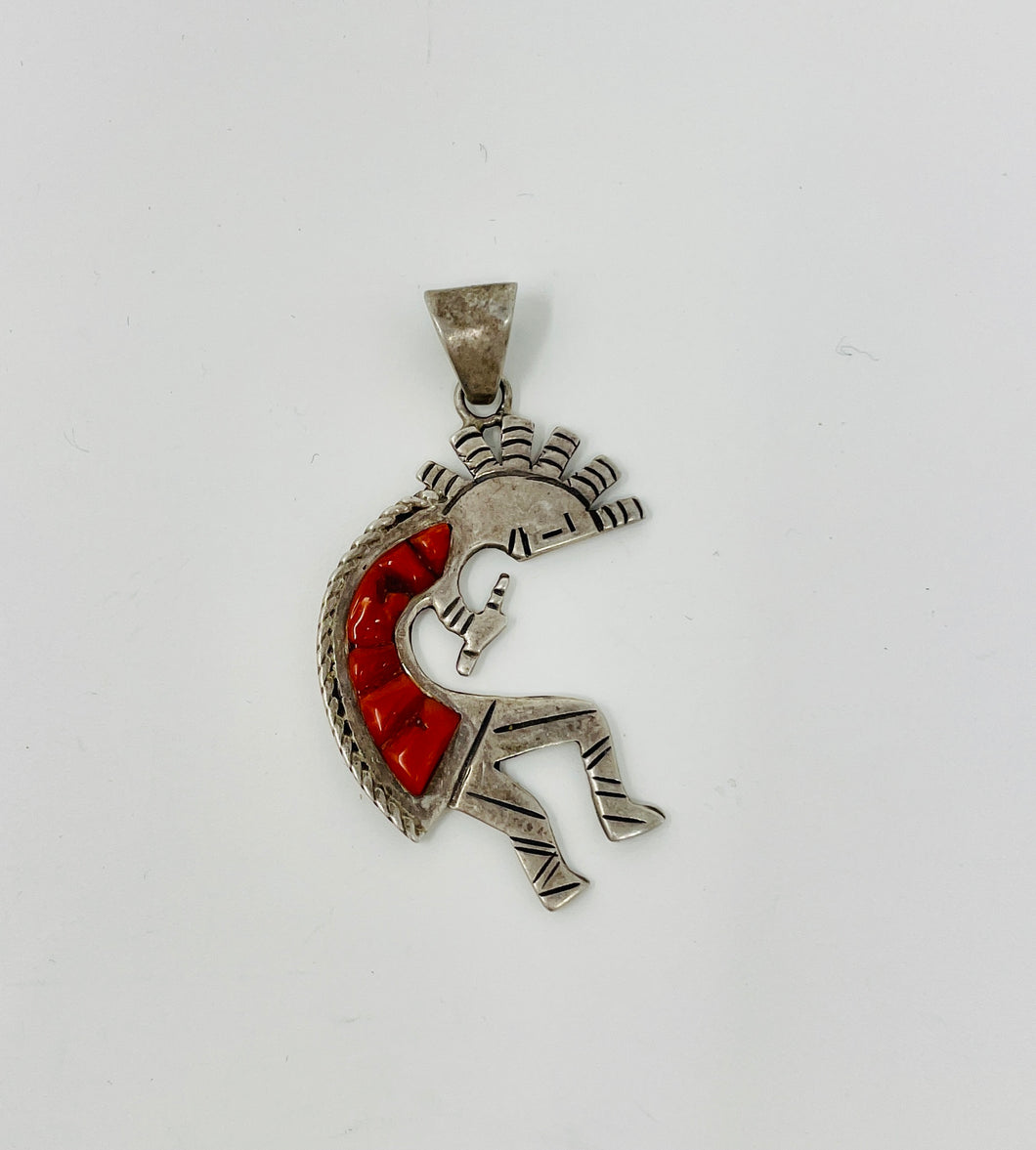 Sterling Silver Kokopelli Pendant with Coral Inlay