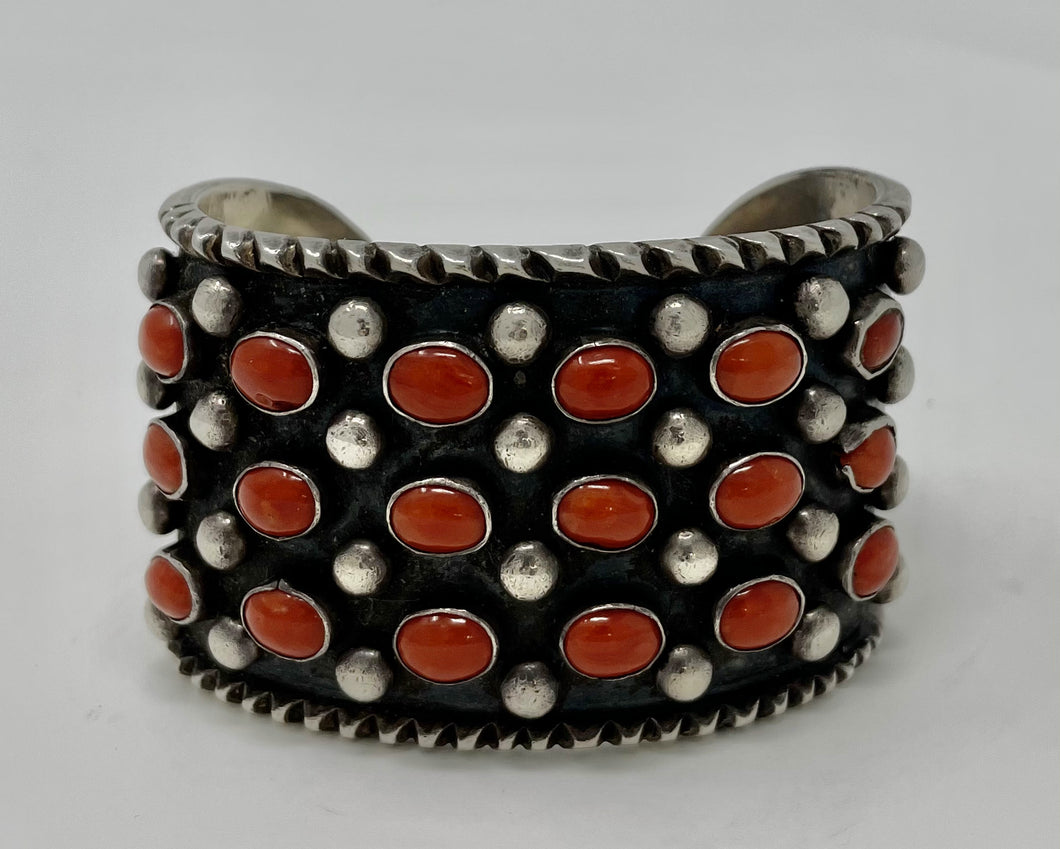 Silver Cuff with 18 coral stones
