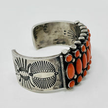 Load image into Gallery viewer, Silver Cuff with 27 Coral Stones and stampwork

