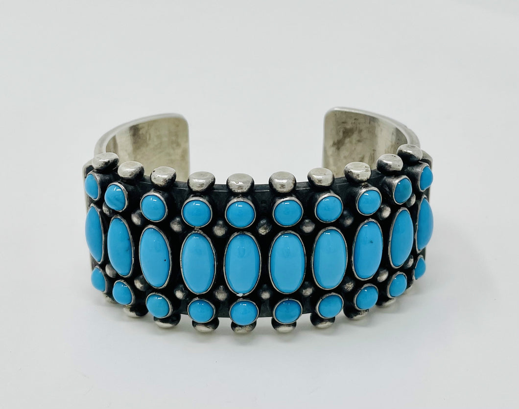 Silver Cuff with 30 Turquoise Stones and stampwork
