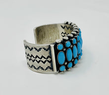 Load image into Gallery viewer, Silver Cuff with 30 Turquoise Stones and stampwork
