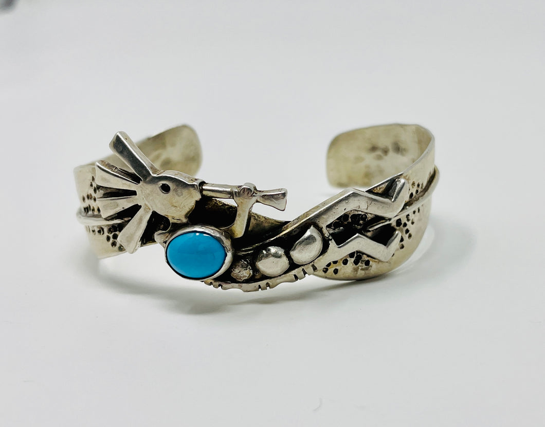 Silver Cuff with 1 turquoise stone and silver Kokopelli