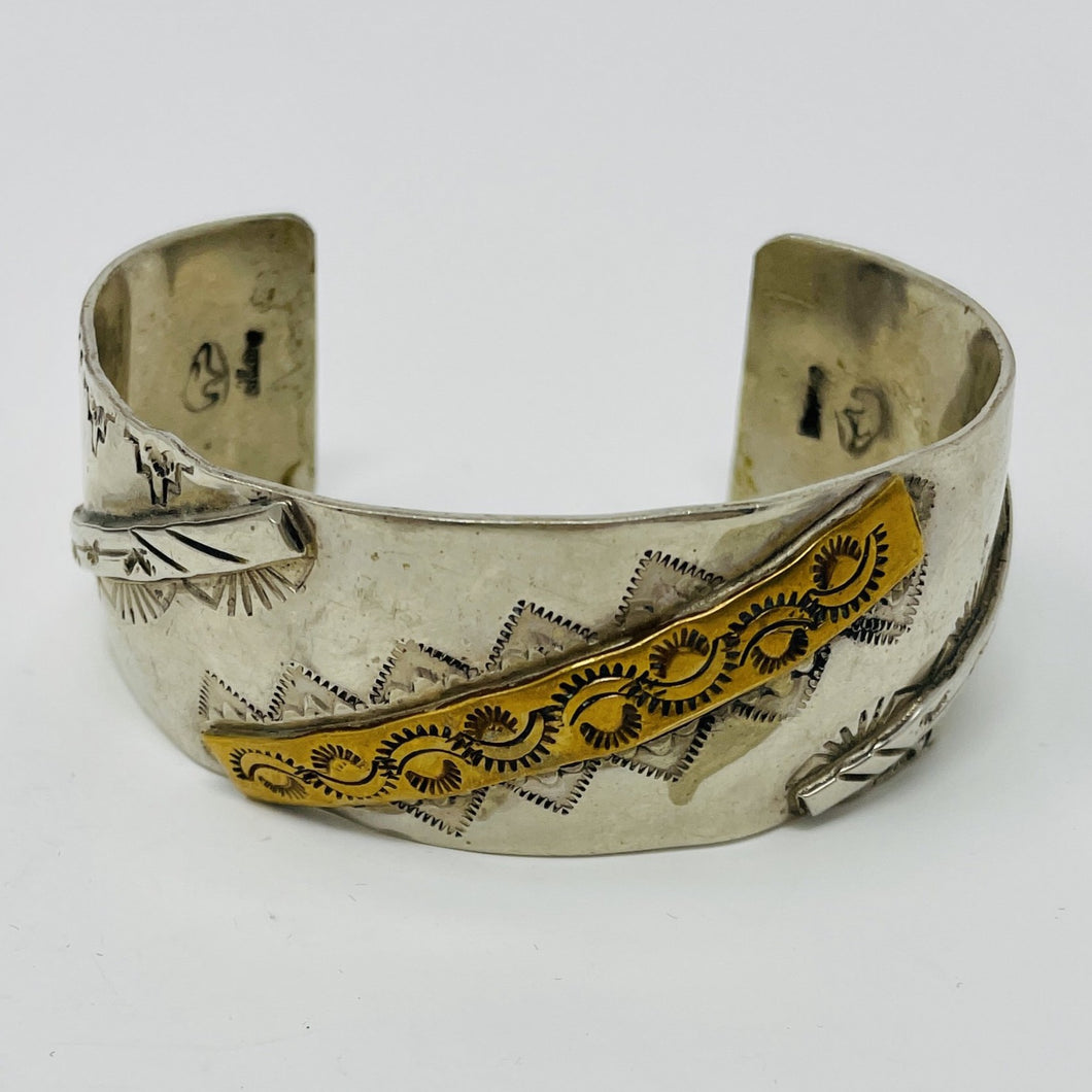 Navajo Sterling Silver Cuff with Stamped Silver and Gold Bars