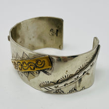 Load image into Gallery viewer, Navajo Sterling Silver Cuff with Stamped Silver and Gold Bars
