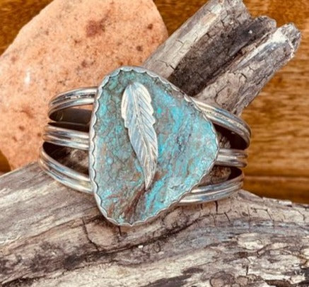 Navajo Cuff Bracelet with Large single stone Turquoise with Silver Leaf applique