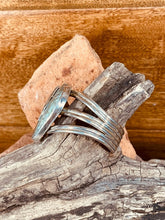 Load image into Gallery viewer, Navajo Cuff Bracelet with Large single stone Turquoise with Silver Leaf applique
