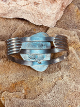 Load image into Gallery viewer, Navajo Cuff Bracelet with Large single stone Turquoise with Silver Leaf applique
