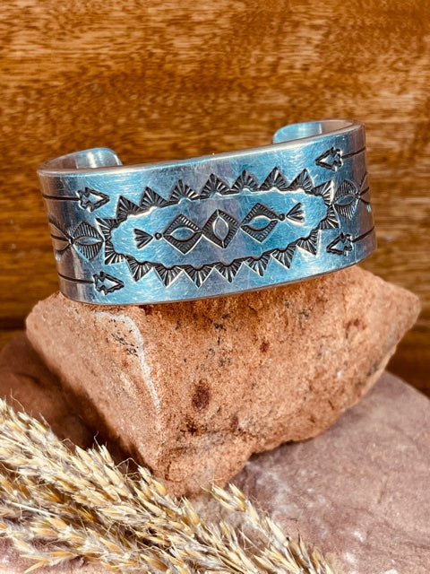 Heavy Navajo Hand Stamped Wide Silver Cuff Bracelet