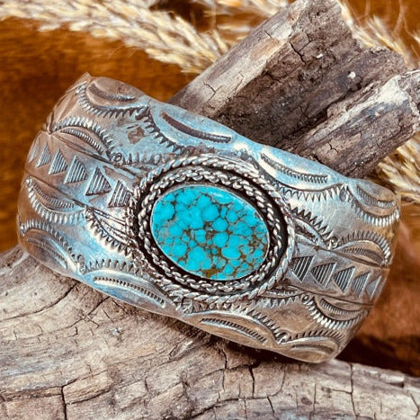 Navajo Sterling Cuff with Turquoise Stone and Hand Stamping