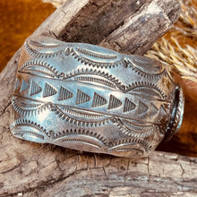 Load image into Gallery viewer, Navajo Sterling Cuff with Turquoise Stone and Hand Stamping
