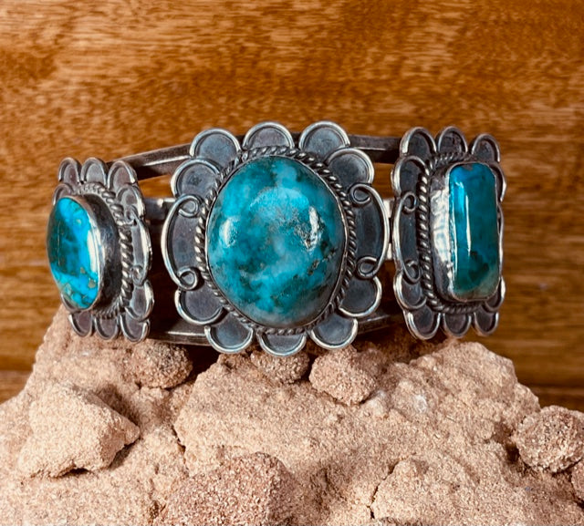 Navajo Tri Shank Cuff Bracelet accented with 3 Turquoise Stones