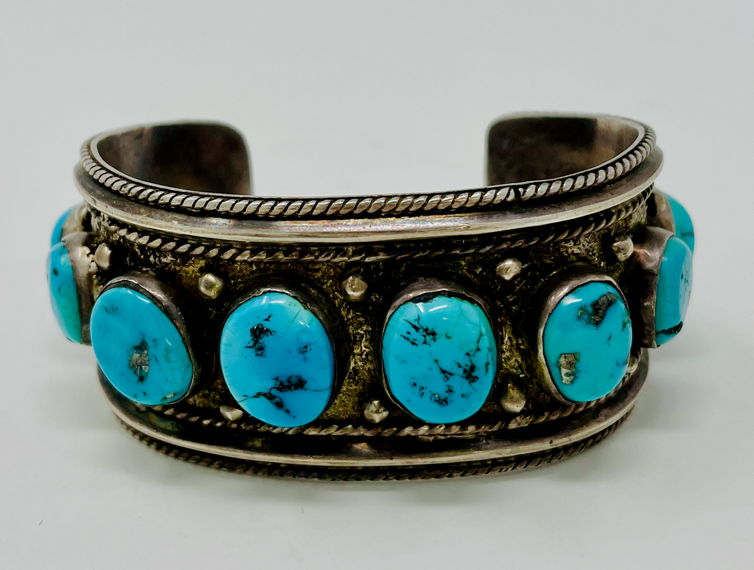 Navajo Silver Cuff with 6 Turquoise Stones and Raindrops