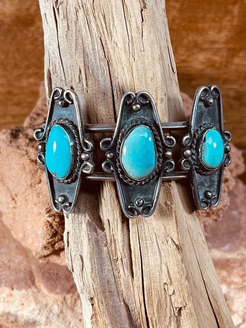 Navajo Sterling Silver 3 Turquoise Stone cuff bracelet