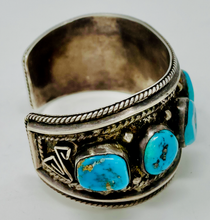 Load image into Gallery viewer, Navajo Silver Cuff with 6 Turquoise Stones and Raindrops
