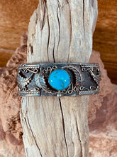 Load image into Gallery viewer, Navajo Indian Sterling Silver cuff bracelet with blue Turquoise Stone
