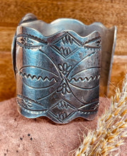 Load image into Gallery viewer, Navajo large heavy-gauge oxidized sterling silver cuff bracelet featuring large Turquoise stone
