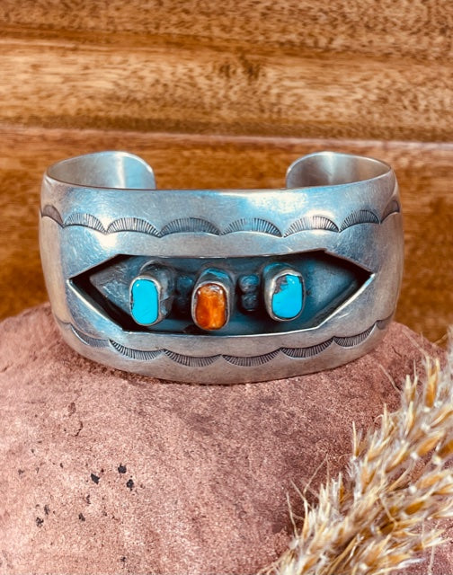 Navajo Native American sterling silver shadowbox cuff bracelet