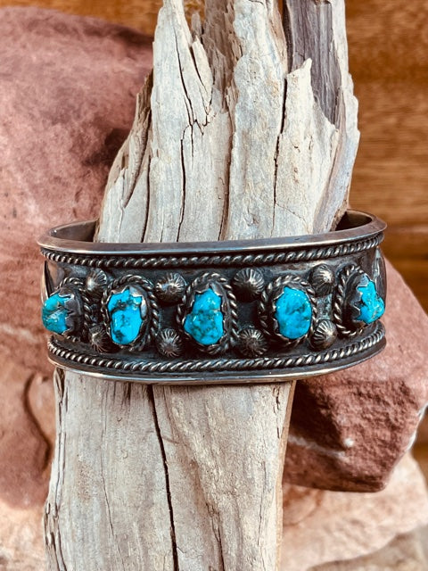 Old Pawn Navajo Sterling Silver Cuff Bracelet featuring 5 Turquoise Stones