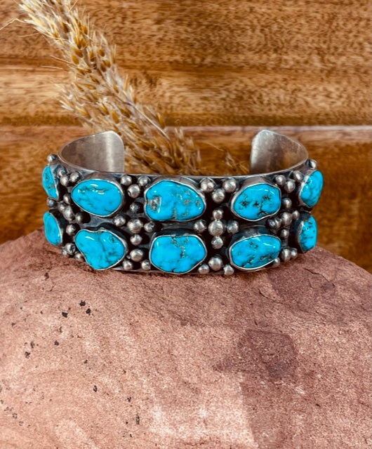 Navajo Sterling Silver Cuff Bracelet featuring 10 gorgeous Turquoise Stones