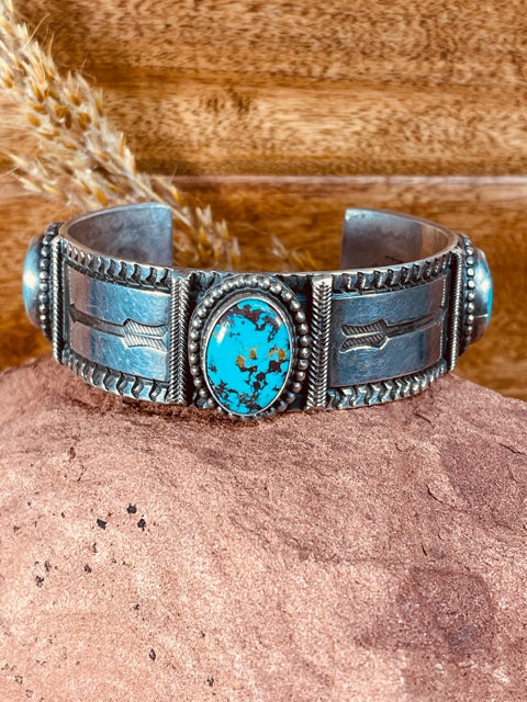 Sterling Silver Navajo Cuff Bracelet with 3 sky blue Turquoise stones