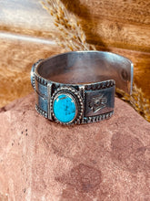 Load image into Gallery viewer, Sterling Silver Navajo Cuff Bracelet with 3 sky blue Turquoise stones

