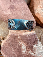 Load image into Gallery viewer, Old Taxco ITA Mexico Overlay sterling silver cuff bracelet with graphic tribal abstract designs

