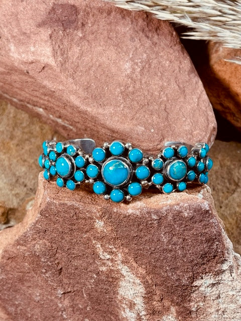 Vintage Zuni Handmade Sterling Silver Turquoise Cluster Cuff Bracelet