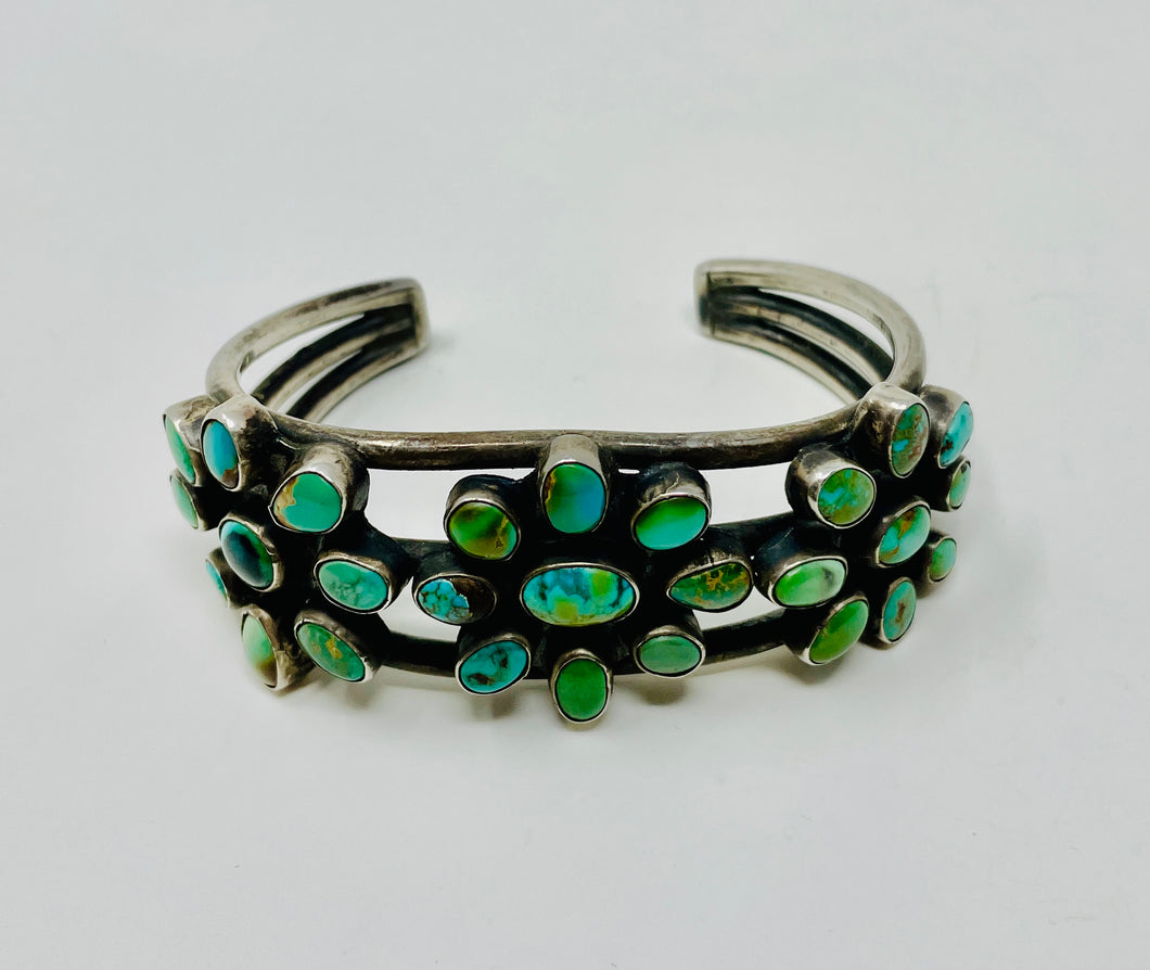 Navajo Sterling Silver Cluster Cuff w 27 Turquoise Stones
