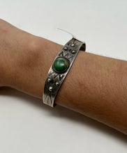 Load image into Gallery viewer, Fred Harvey Era Silver Cuff w Turquoise Stone, Repousse&#39; and Stampwork

