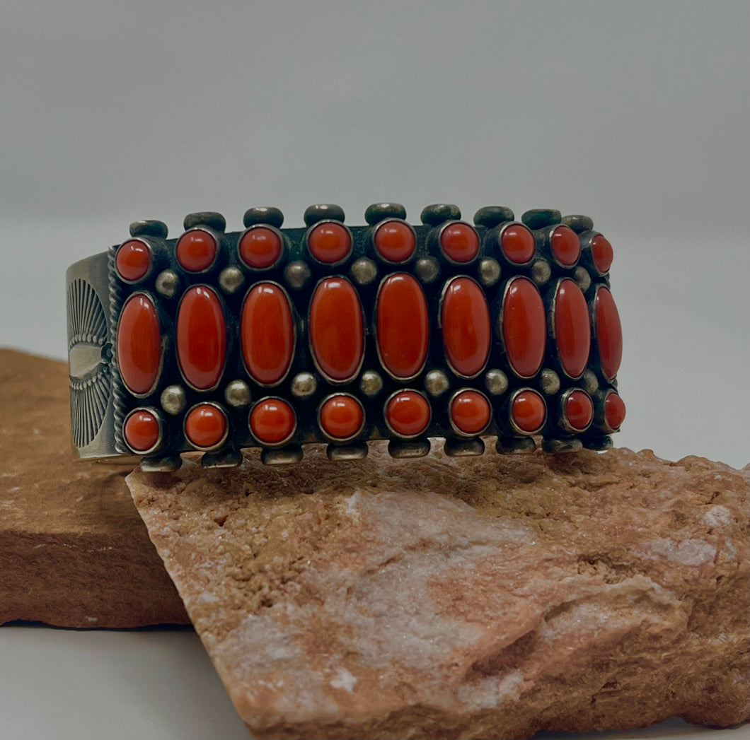 Silver Cuff with 27 Coral Stones and stampwork