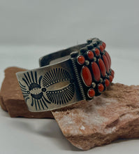 Load image into Gallery viewer, Silver Cuff with 27 Coral Stones and stampwork
